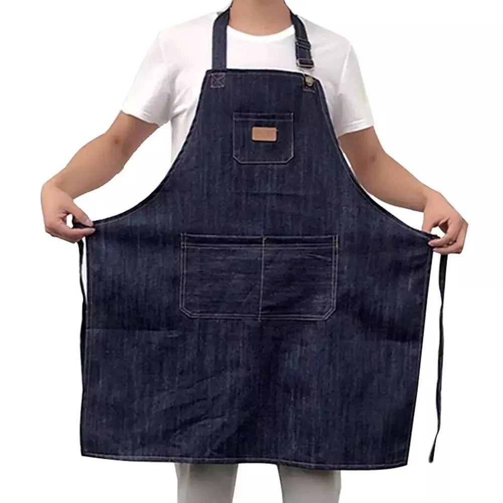 Blue Denim Apron, 27 in Wide x 36 in Long, Two Front Pockets, Includes Neck and Waist Ties, One Size Blue Denim Apron, 27 in Wide x 36 in Long, Two Front Pockets, Includes Neck and Waist Ties, One Size